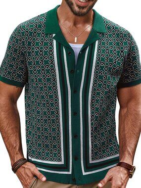 Men's Green Vintage Cuban Collar Knit Polo Shirt Button Down Shirt
